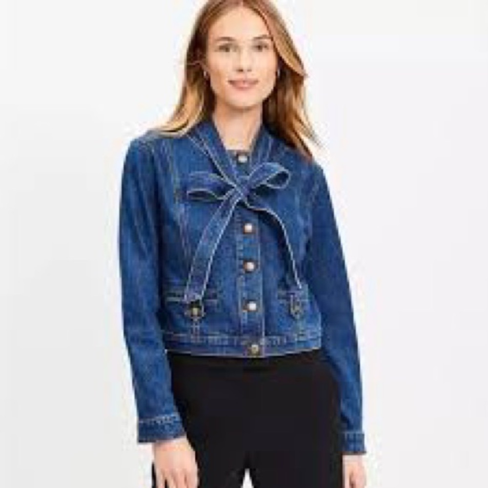 NWT LOFT Petite Large Denim Tie Neck Bow Jacket Gold Buttons Indigo Wash